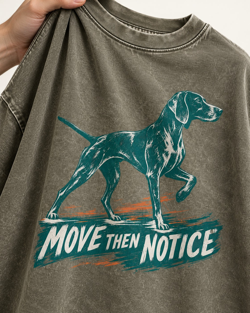 German Shorthaired Pointer Move Then Notice Brushstroke Graphic Washed Tee in Army Green, close-up of the graphic