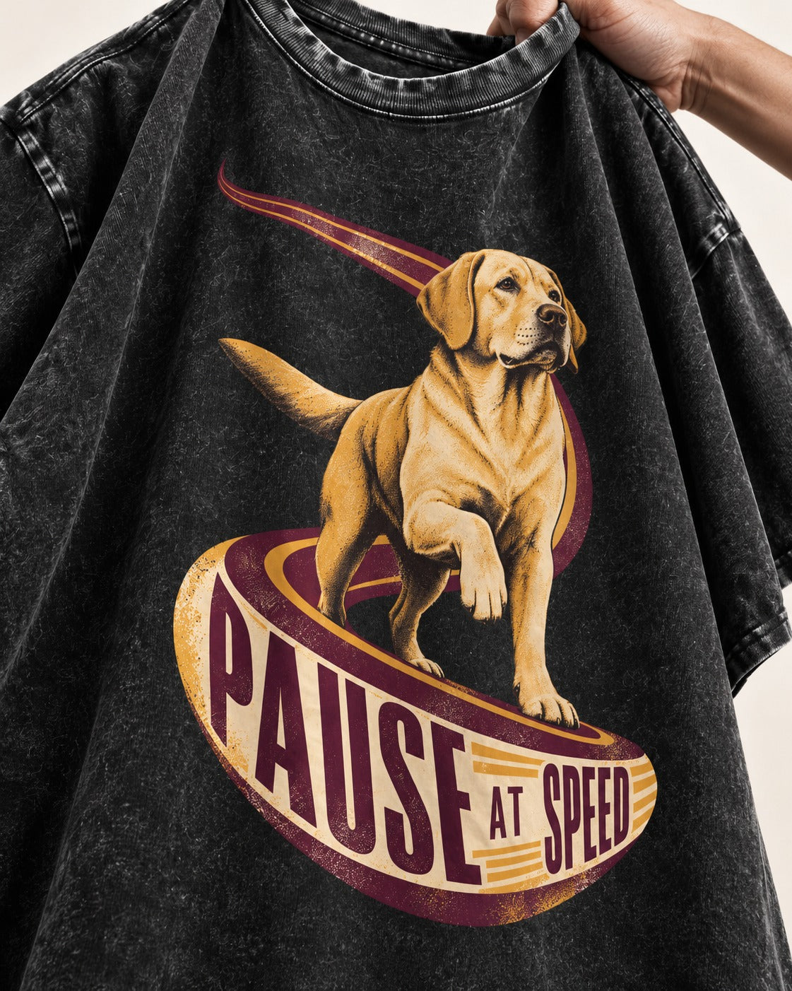 Labrador Retriever Pause at Speed Ribbon Graphic Washed Tee in Black, close-up of the graphic
