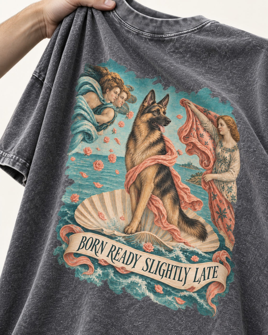 German Shepherd Dog Born Ready Slightly Late Venus Graphic Washed Tee in Gray, close-up of the graphic