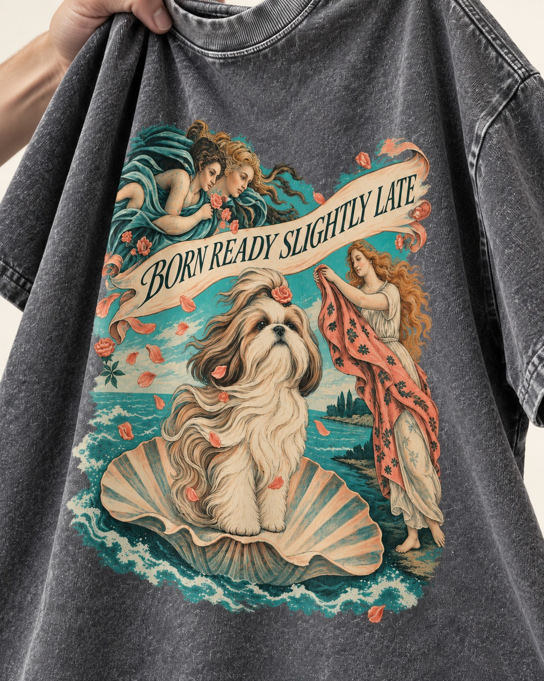 Shih Tzu Born Ready Slightly Late Venus Graphic Washed Tee in Gray, close-up of the graphic