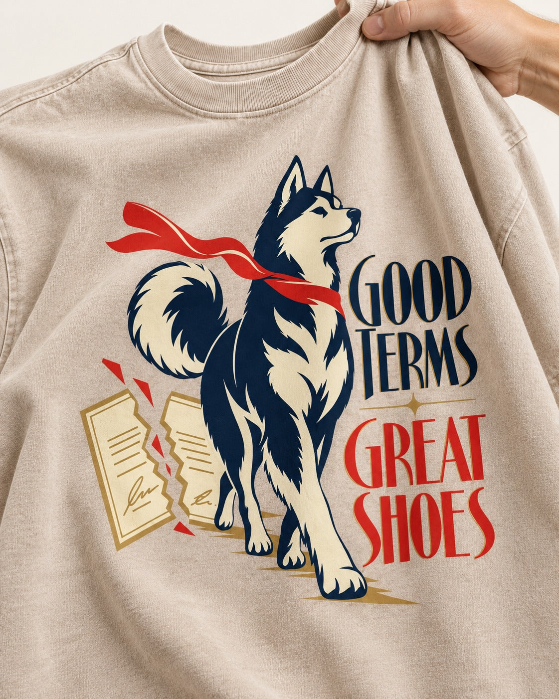 Husky Good Terms Great Shoes Washed Tee in Apricot, close-up of the graphic