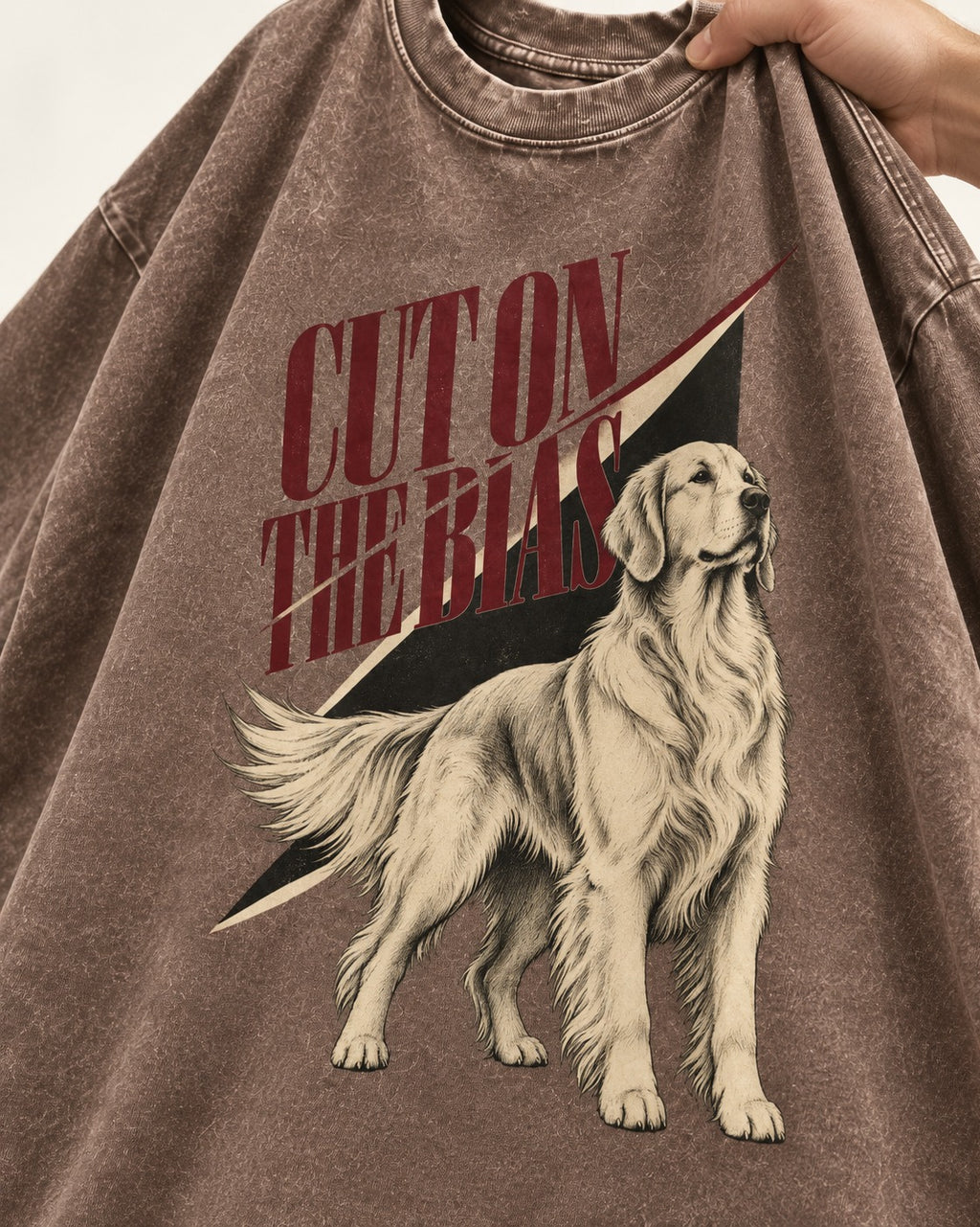 Cut on the Bias Golden Retriever Washed Tee in Coffee, close-up of the graphic