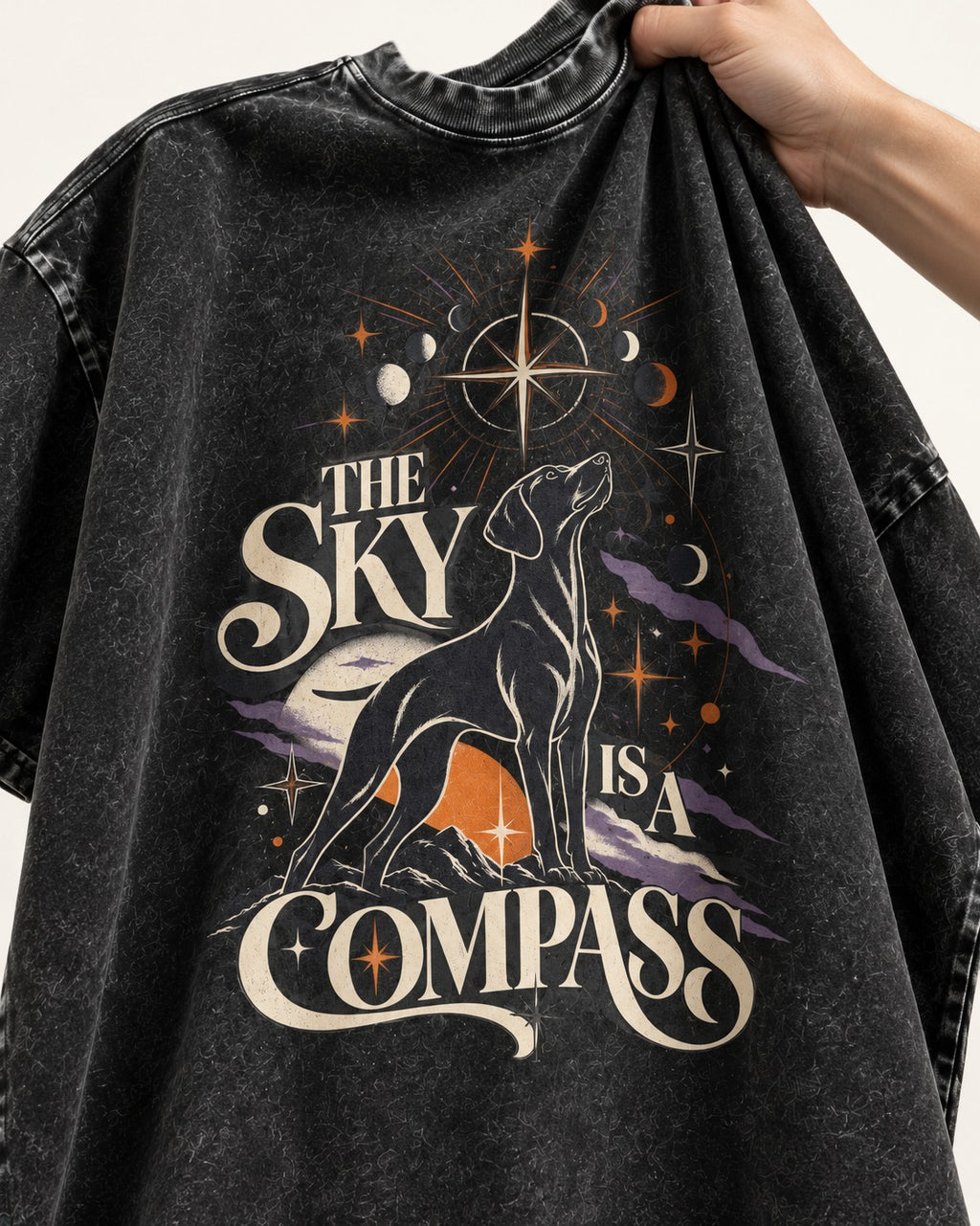 The Sky Is a Compass Celestial German Shorthaired Pointer Graphic Washed Tee in Black, close-up of the graphic