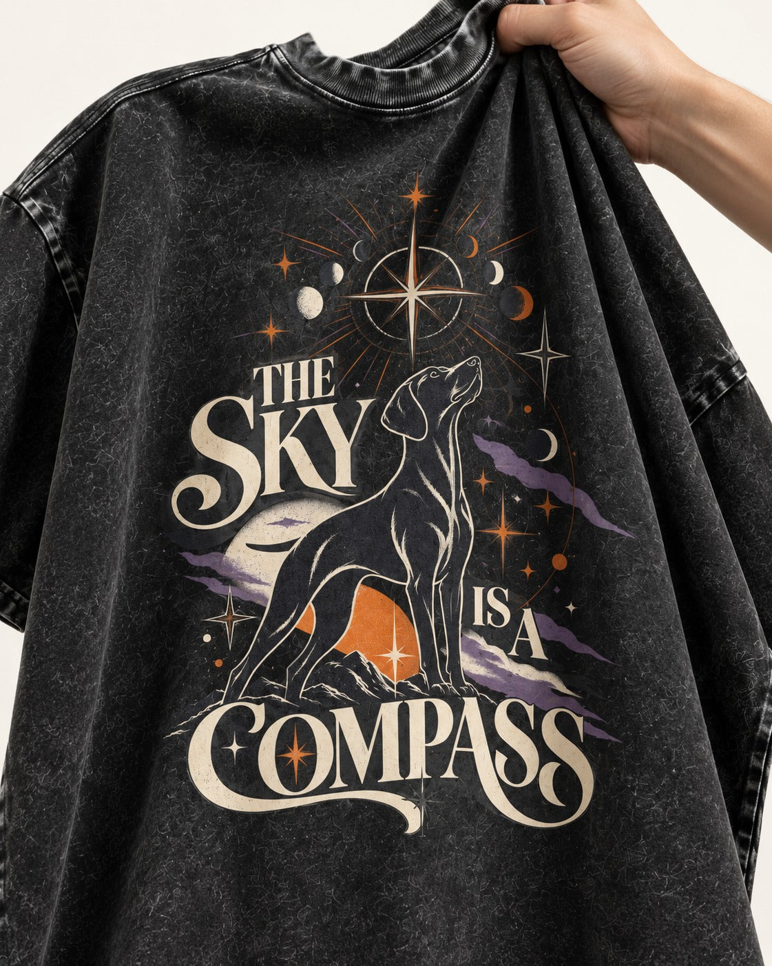 The Sky Is a Compass Celestial German Shorthaired Pointer Graphic Washed Tee in Black, close-up of the graphic
