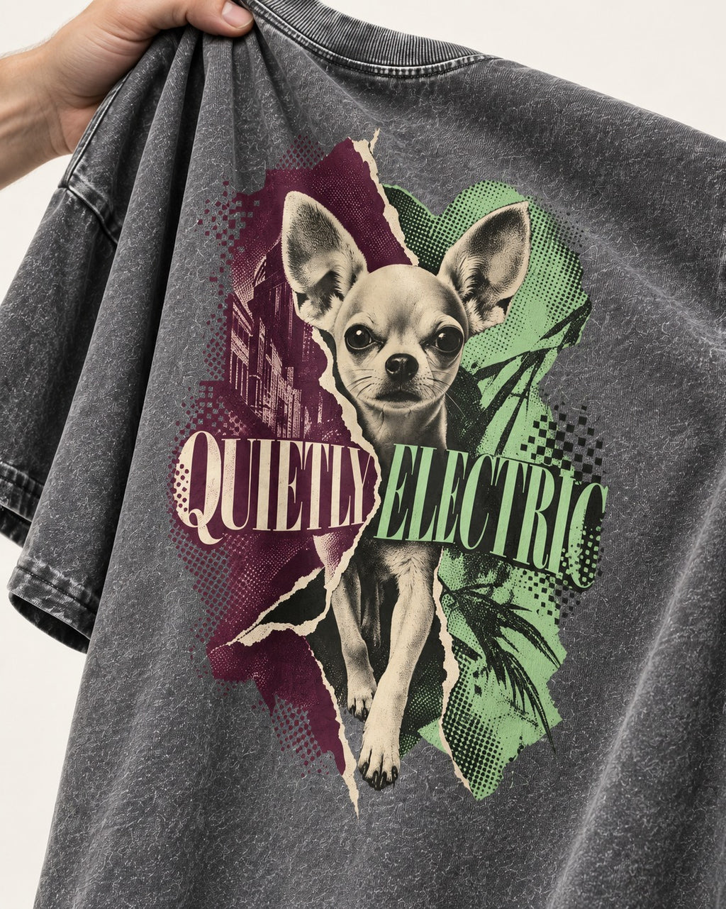 Chihuahua Quietly Electric Washed Tee in Gray, close-up of the graphic