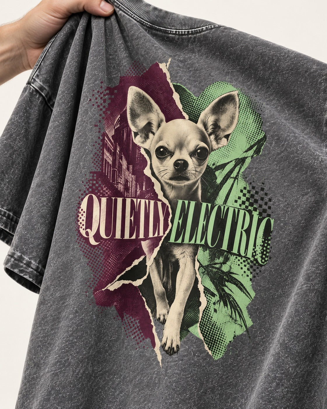 Chihuahua Quietly Electric Washed Tee in Gray, close-up of the graphic