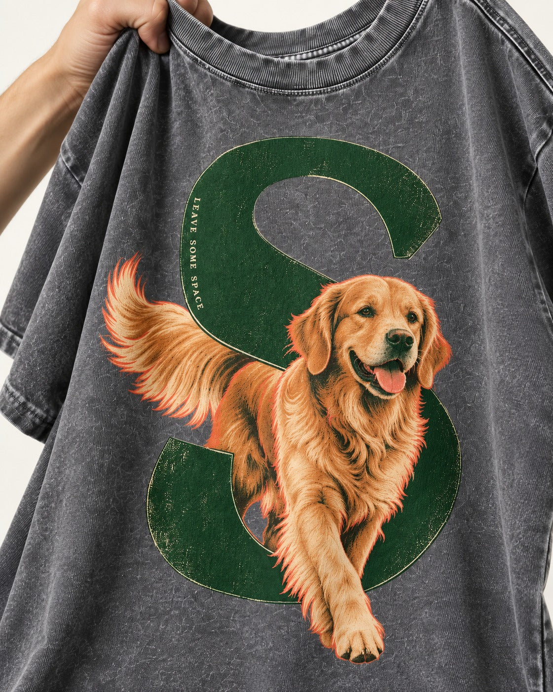 Golden Retriever Leave Some Space Monogram Graphic Washed Tee in Gray, close-up of the graphic