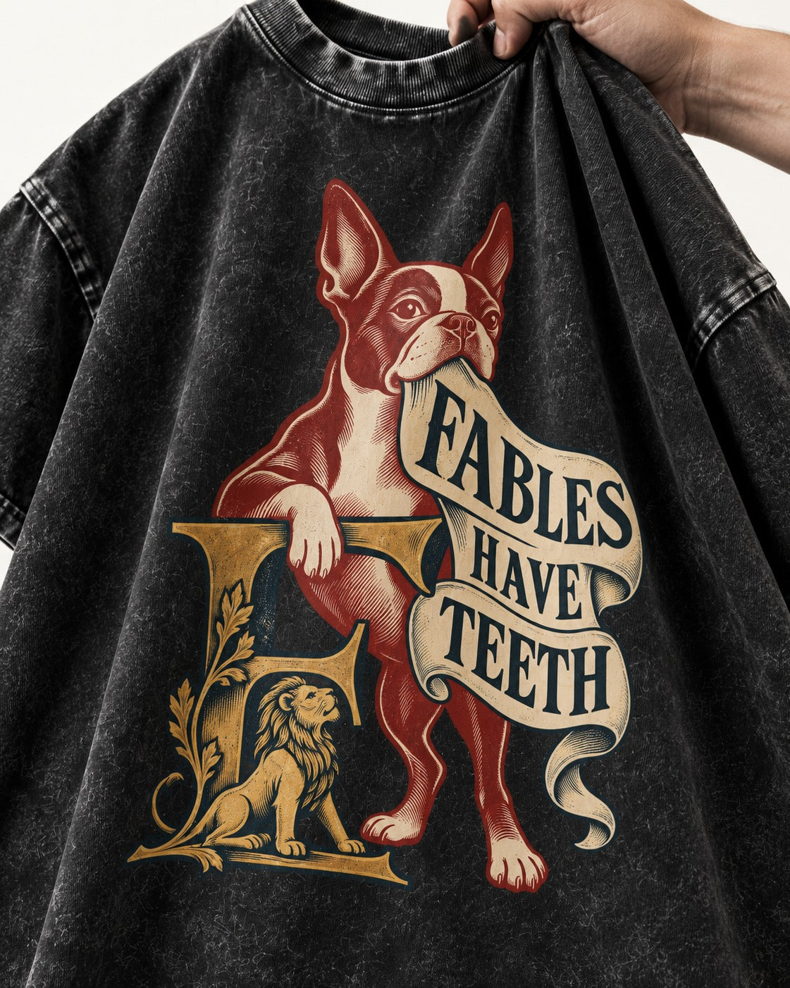 Boston Terrier Fables Have Teeth Washed Tee in Black, close-up of the graphic