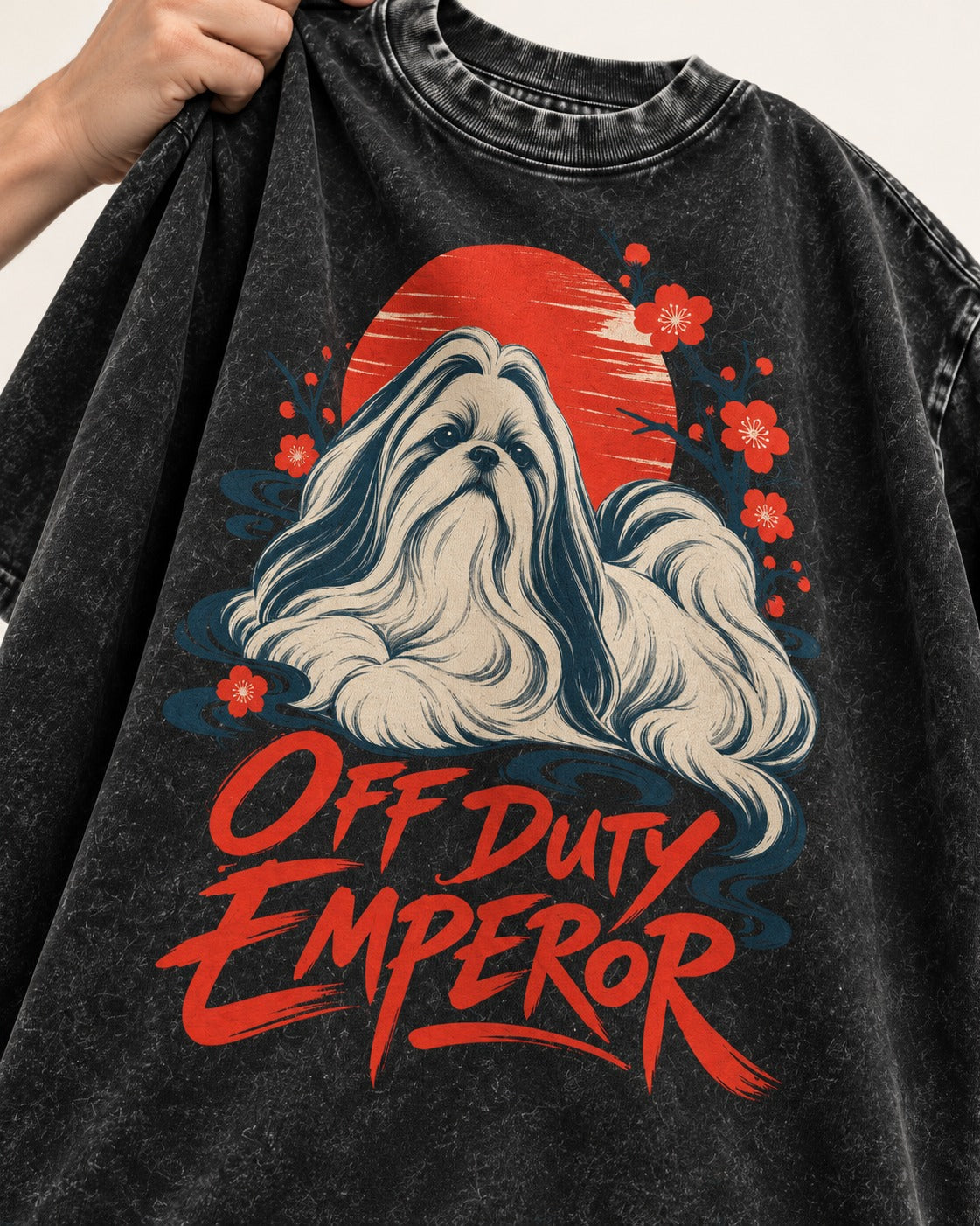 Shih Tzu Off Duty Emperor Sunset Blossom Graphic Washed Tee in Black, close-up of the graphic