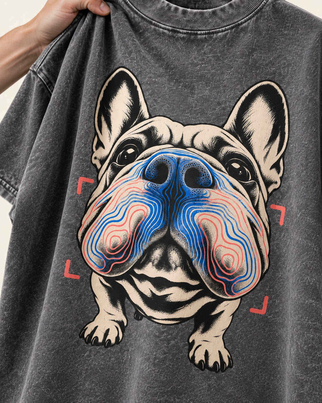 Frenchie Nose Topography Graphic Washed Tee in Gray, close-up of the graphic