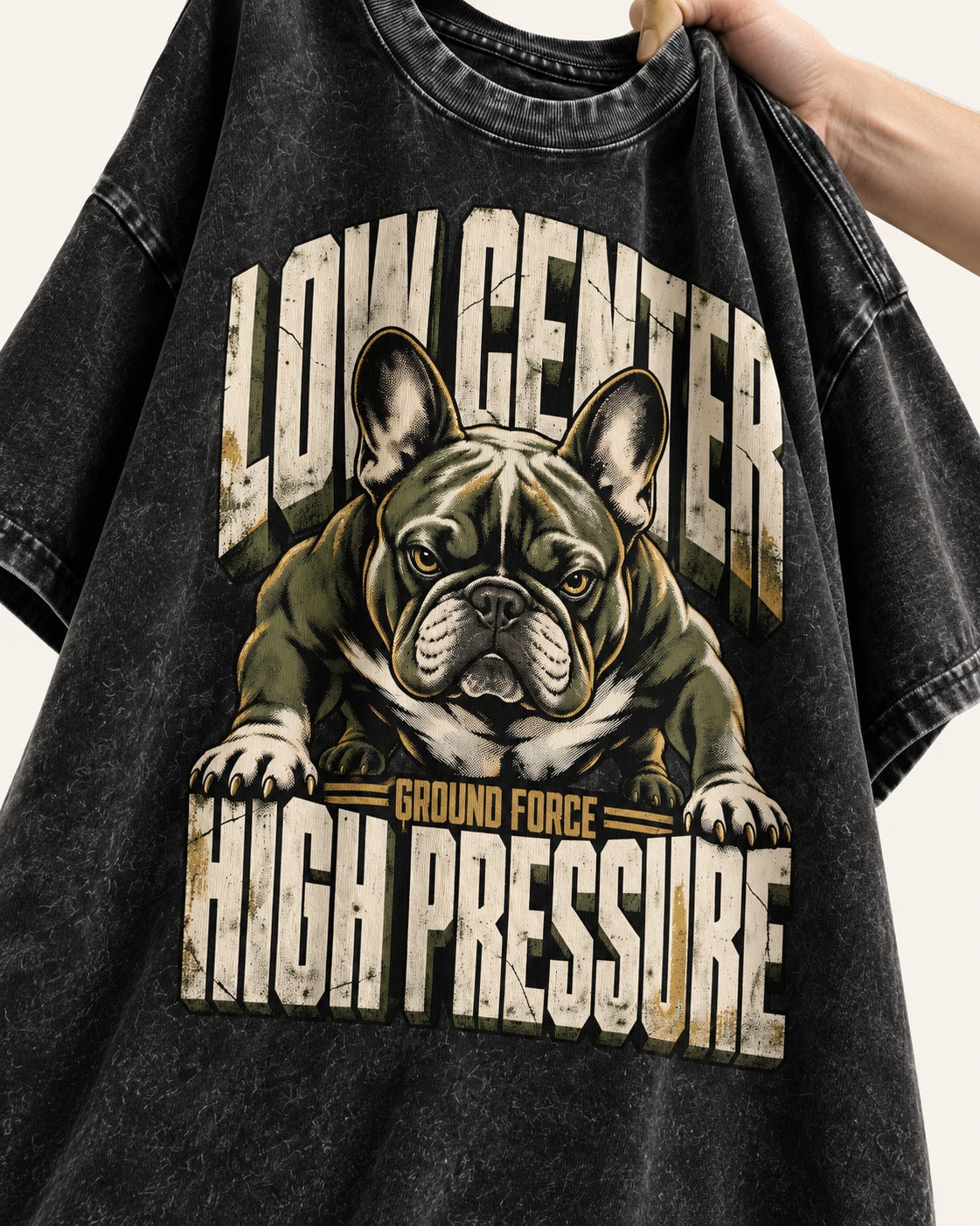 Frenchie Low Center High Pressure Graphic Washed Tee in Black, close-up of the graphic