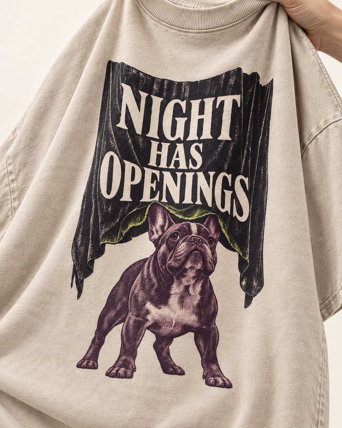 Night Has Openings Frenchie Washed Tee in Apricot, close-up of the graphic