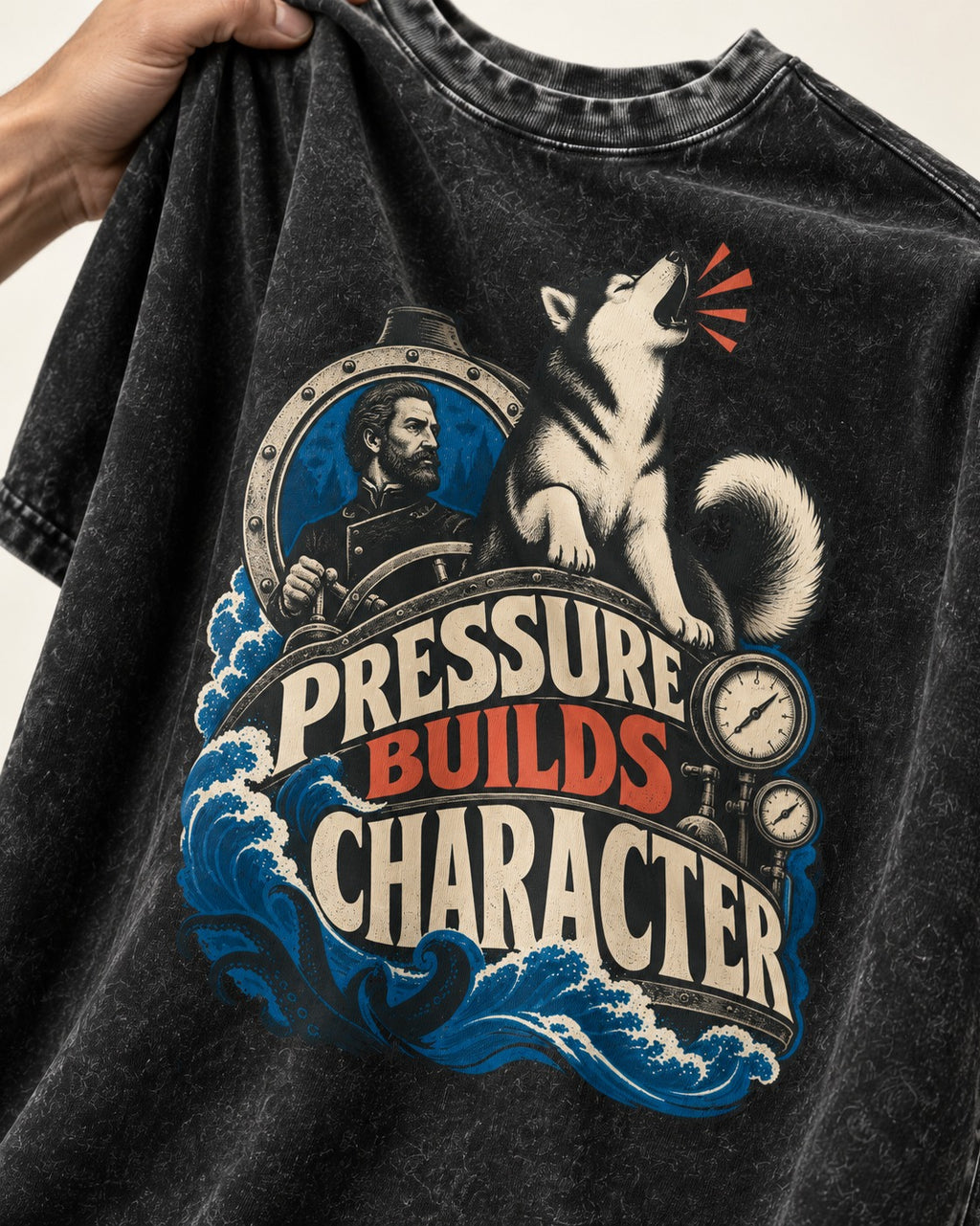 Husky Pressure Builds Character Deep Sea Graphic Washed Tee in Black, close-up of the graphic
