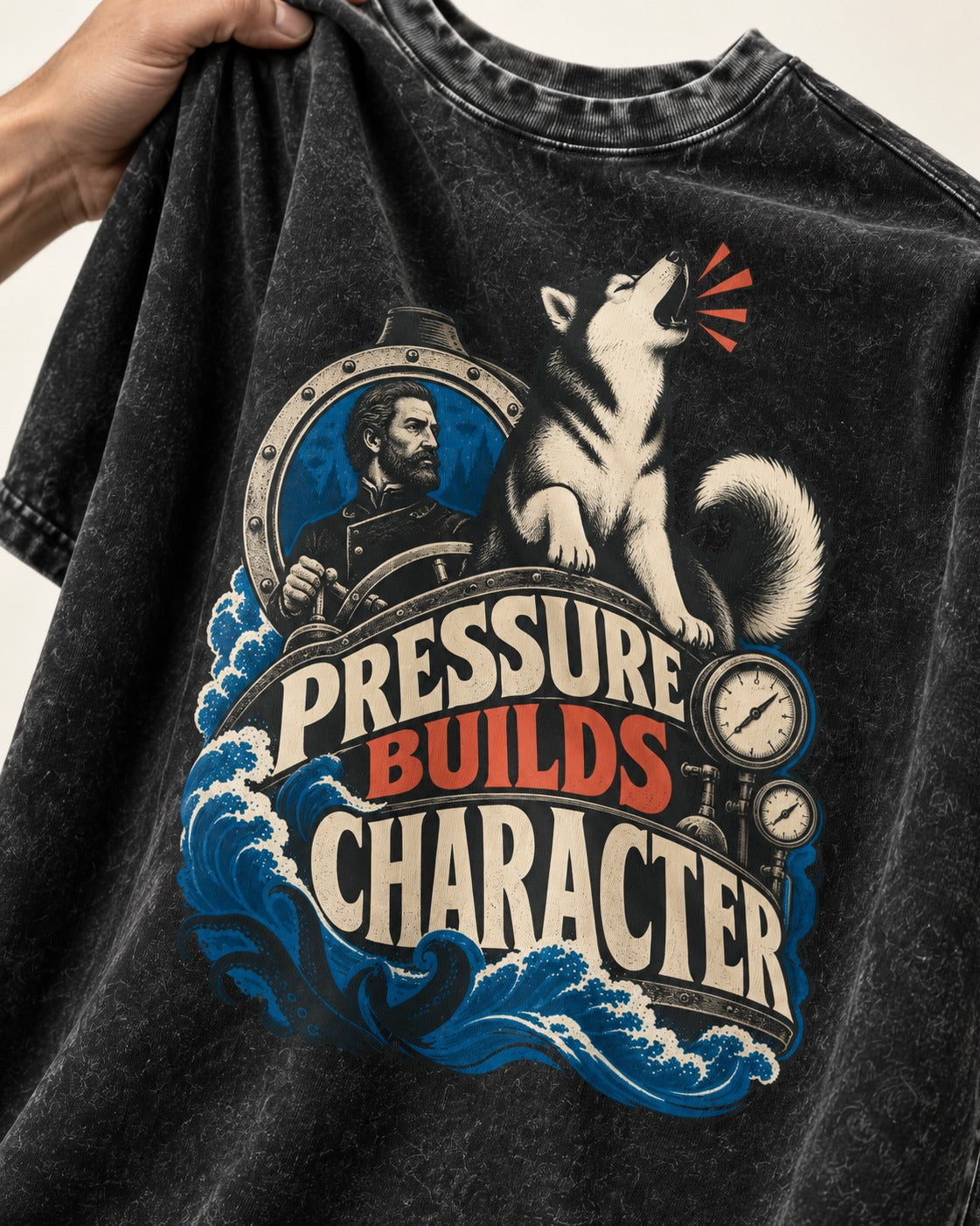 Husky Pressure Builds Character Deep Sea Graphic Washed Tee in Black, close-up of the graphic
