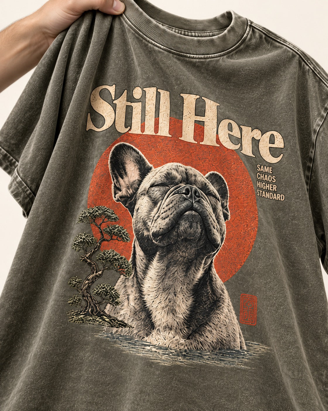 Frenchie Still Here Bonsai Portrait Graphic Washed Tee in Army Green, close-up of the graphic