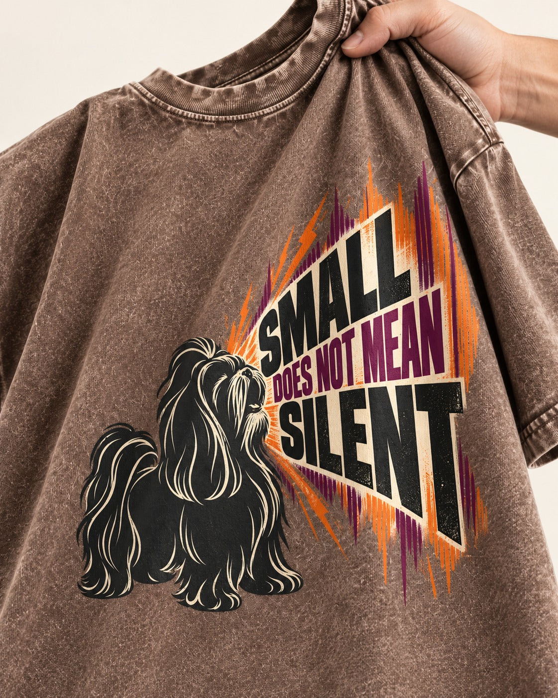 Small Not Silent Shih Tzu Washed Tee in Coffee, close-up of the graphic