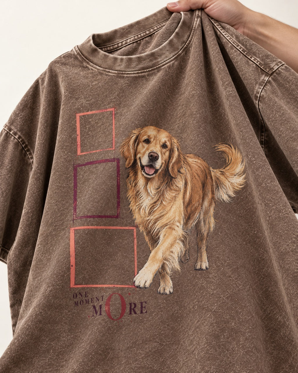 Golden Retriever One Moment More Washed Tee in Coffee, close-up of the graphic