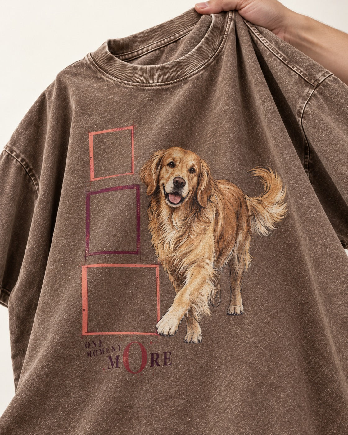 Golden Retriever One Moment More Washed Tee in Coffee, close-up of the graphic