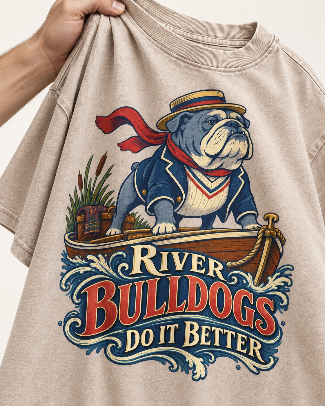 River English Bulldog Does It Better Washed Tee in Apricot, close-up of the graphic