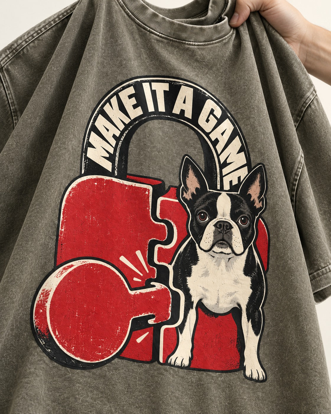 Boston Terrier Make It a Game Washed Tee in Army Green, close-up of the graphic