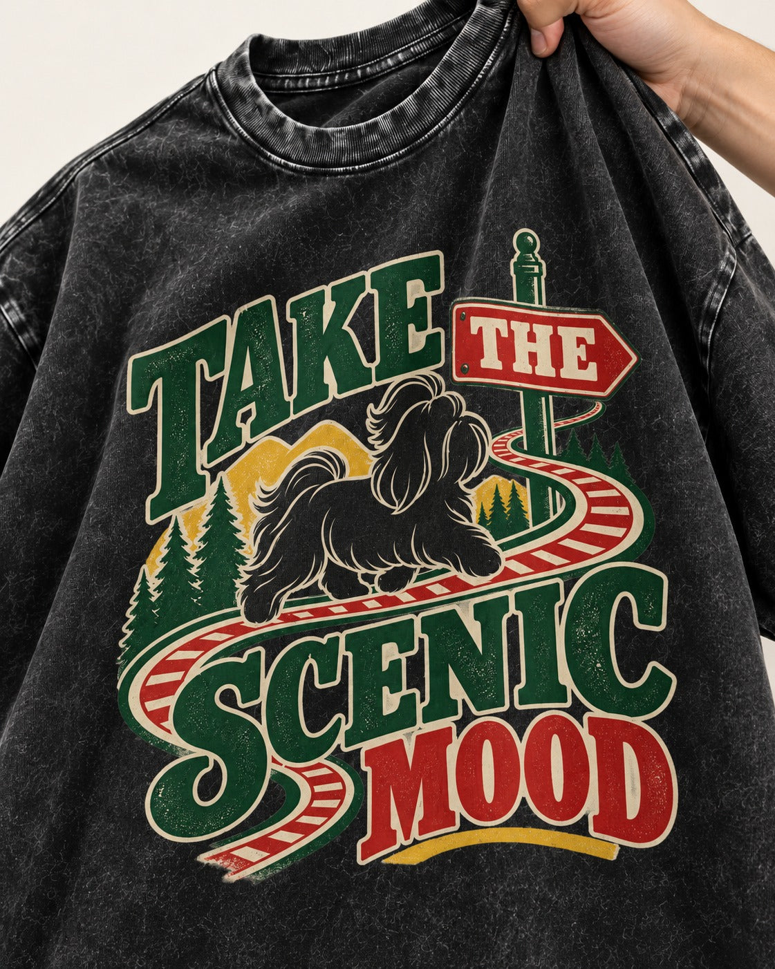 Shih Tzu Take the Scenic Mood Road Sign Graphic Washed Tee in Black, close-up of the graphic