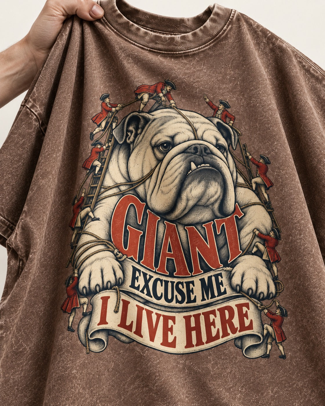 English Bulldog I Live Here Washed Tee in Coffee, close-up of the graphic