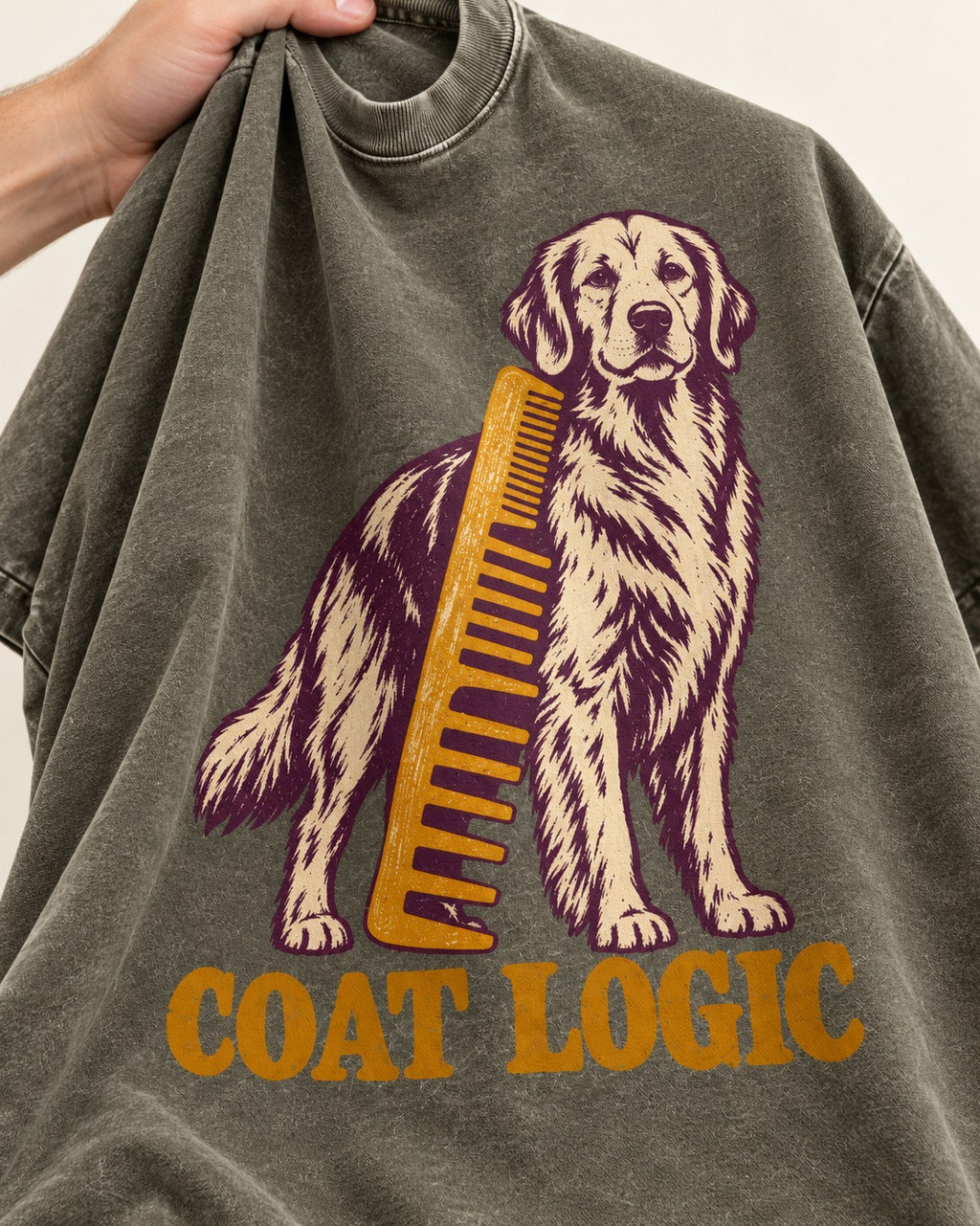 Golden Retriever Coat Logic Grooming Gauge Graphic Washed Tee in Army Green, close-up of the graphic
