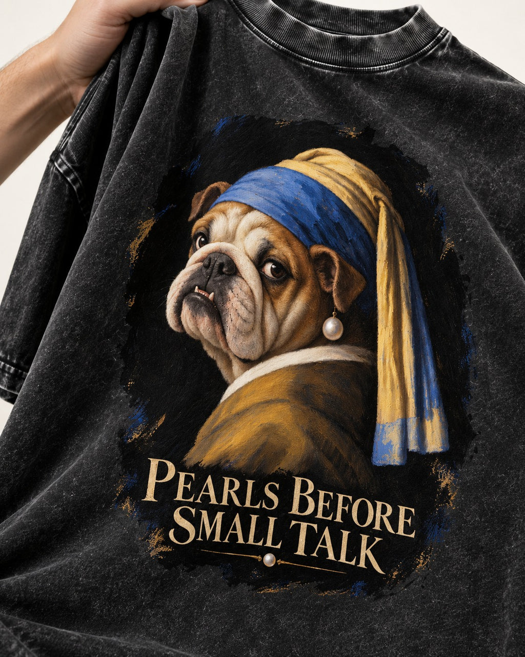 English Bulldog Pearls Before Small Talk Portrait Washed Tee in Black, close-up of the graphic