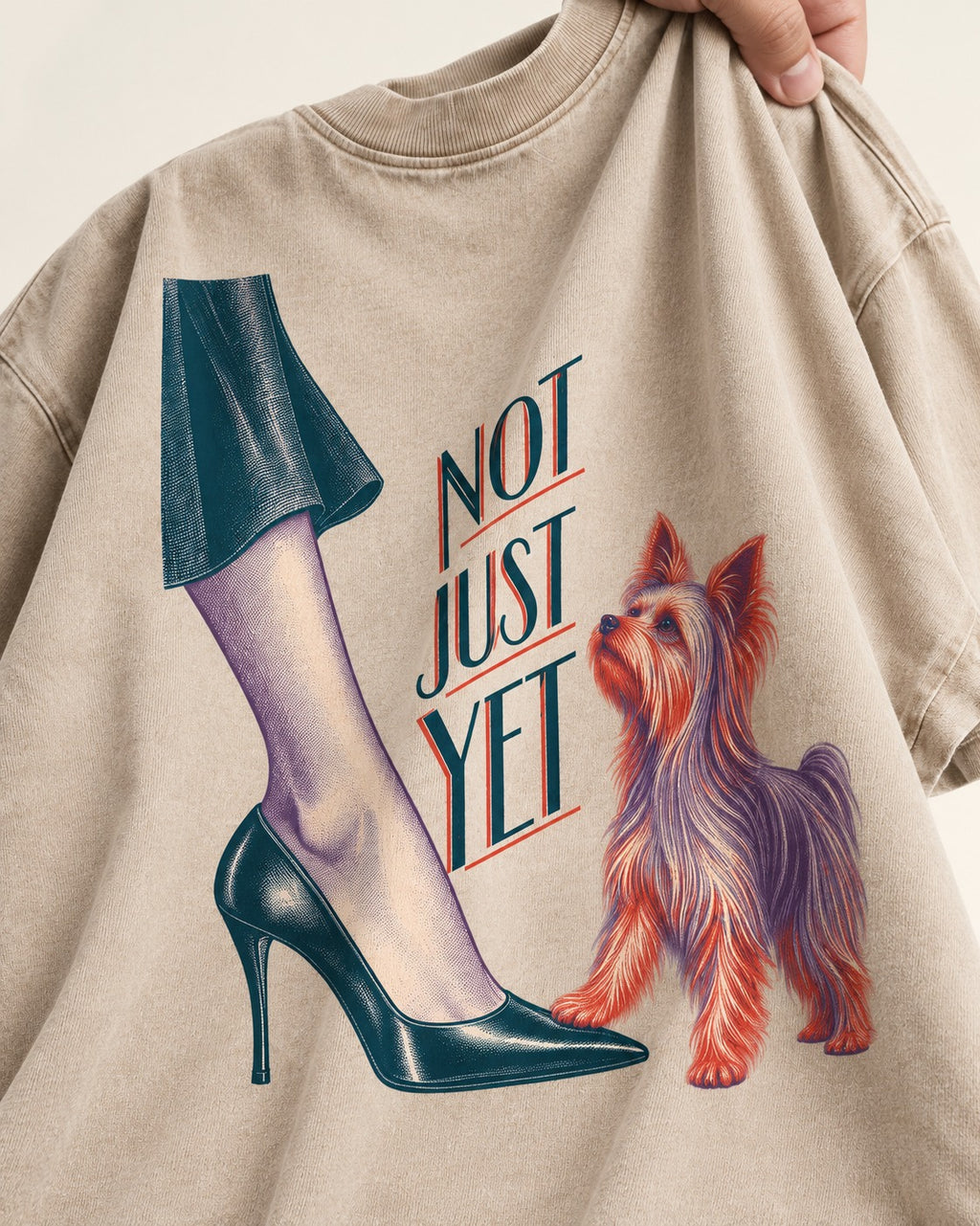 Not Just Yet Yorkshire Terrier Washed Tee in Apricot, close-up of the graphic
