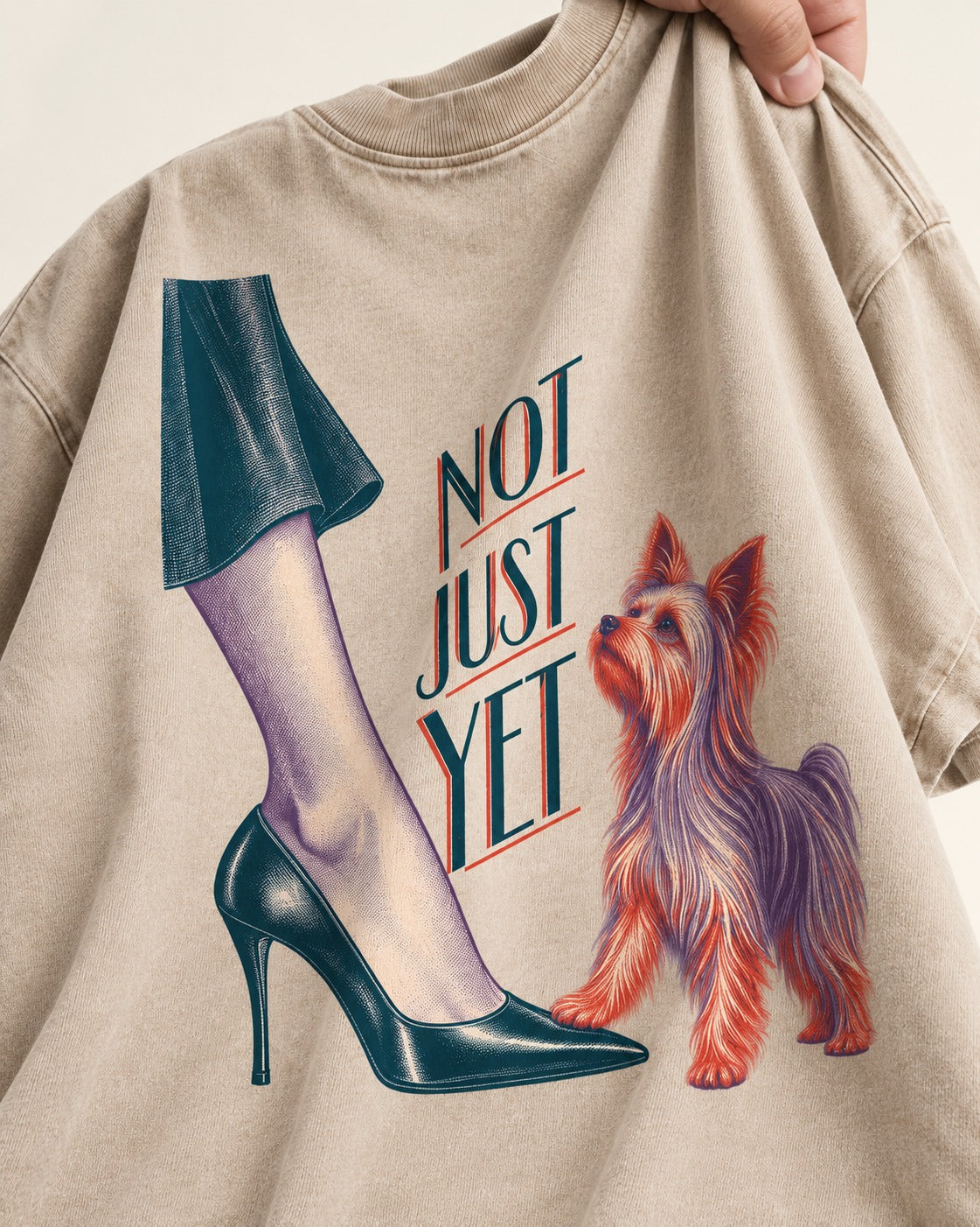 Not Just Yet Yorkshire Terrier Washed Tee in Apricot, close-up of the graphic