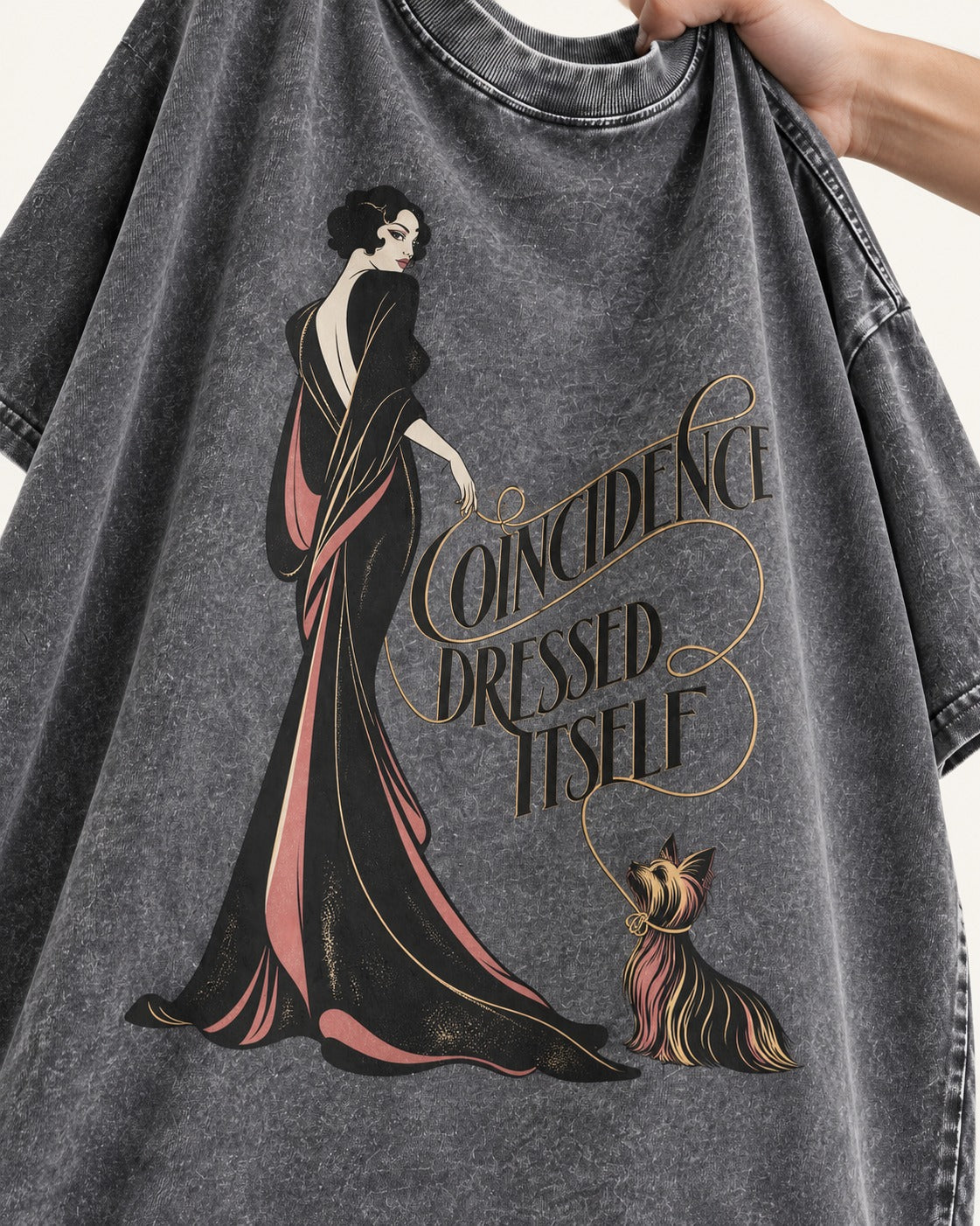 Yorkshire Terrier Coincidence Dressed Itself Art Deco Graphic Washed Tee in Gray, close-up of the graphic