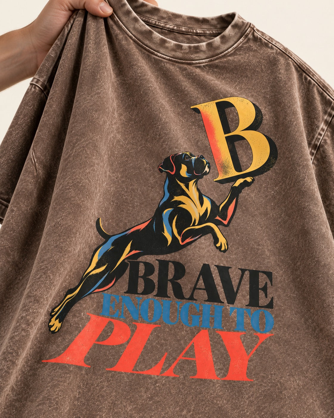 Boxer Brave Enough to Play Washed Tee in Coffee, close-up of the graphic
