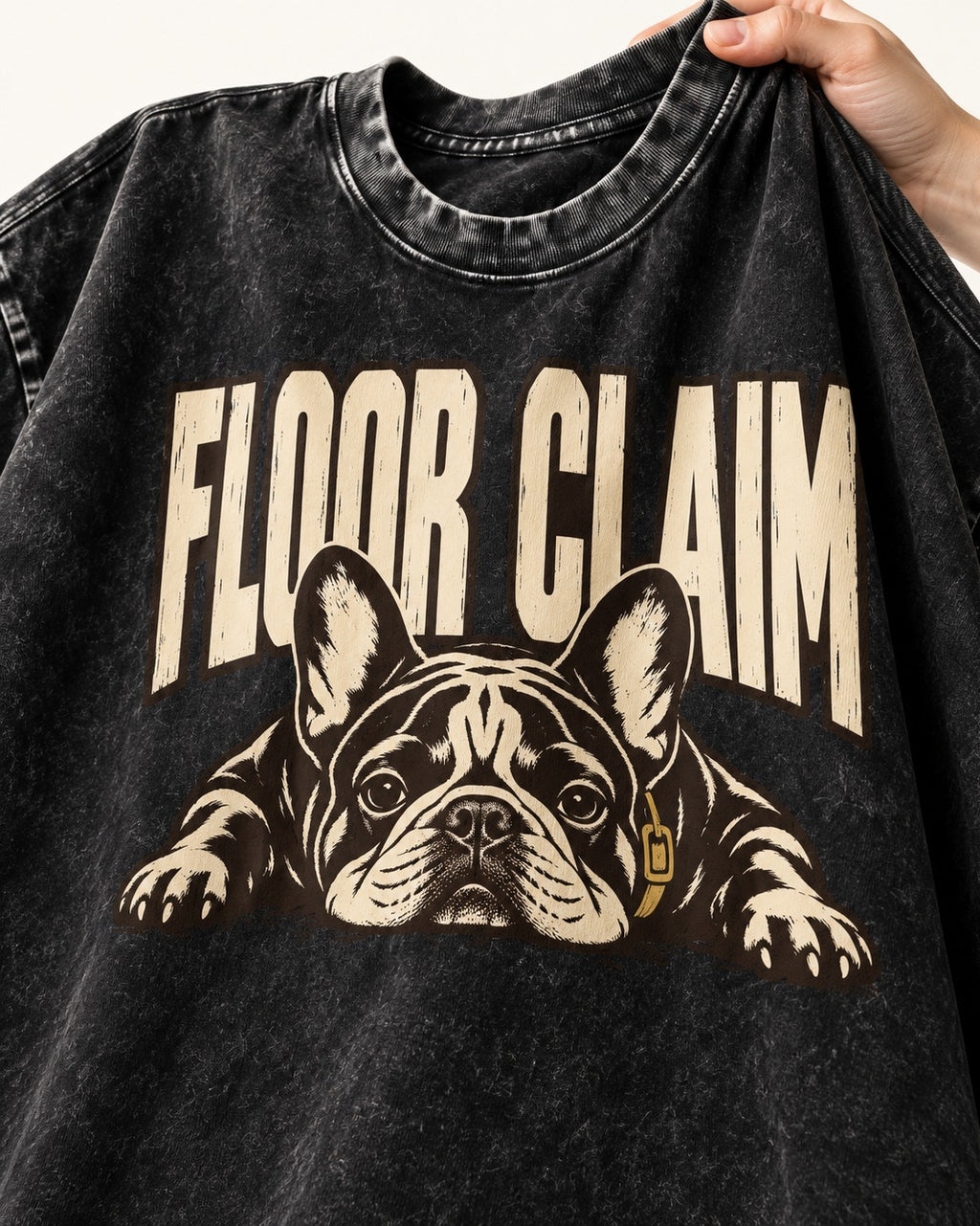 Frenchie Floor Claim Resting Graphic Washed Tee in Black, close-up of the graphic
