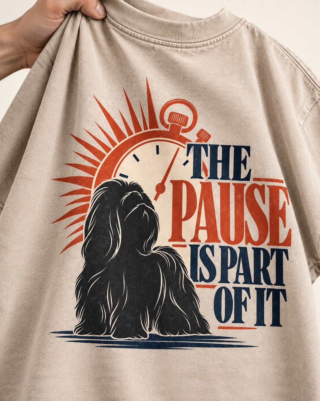 The Shih Tzu Pause Washed Tee in Apricot, close-up of the graphic