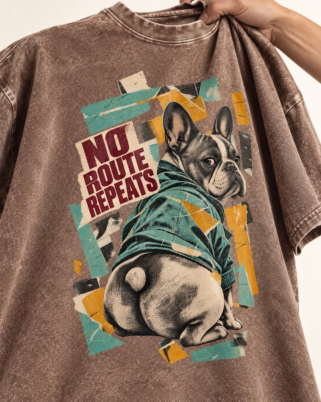 No Route Repeats Frenchie Washed Tee in Coffee, close-up of the graphic