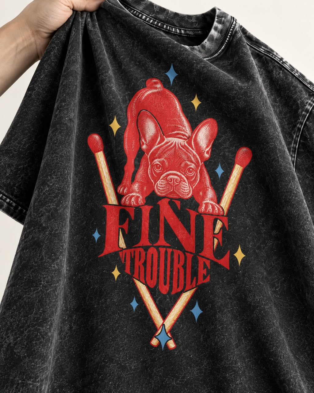 Fine Trouble Boston Terrier Matchstick Graphic Washed Tee in Black, close-up of the graphic