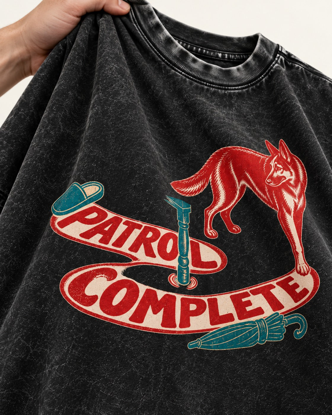 German Shepherd Dog Patrol Complete Umbrella Graphic Washed Tee in Black, close-up of the graphic