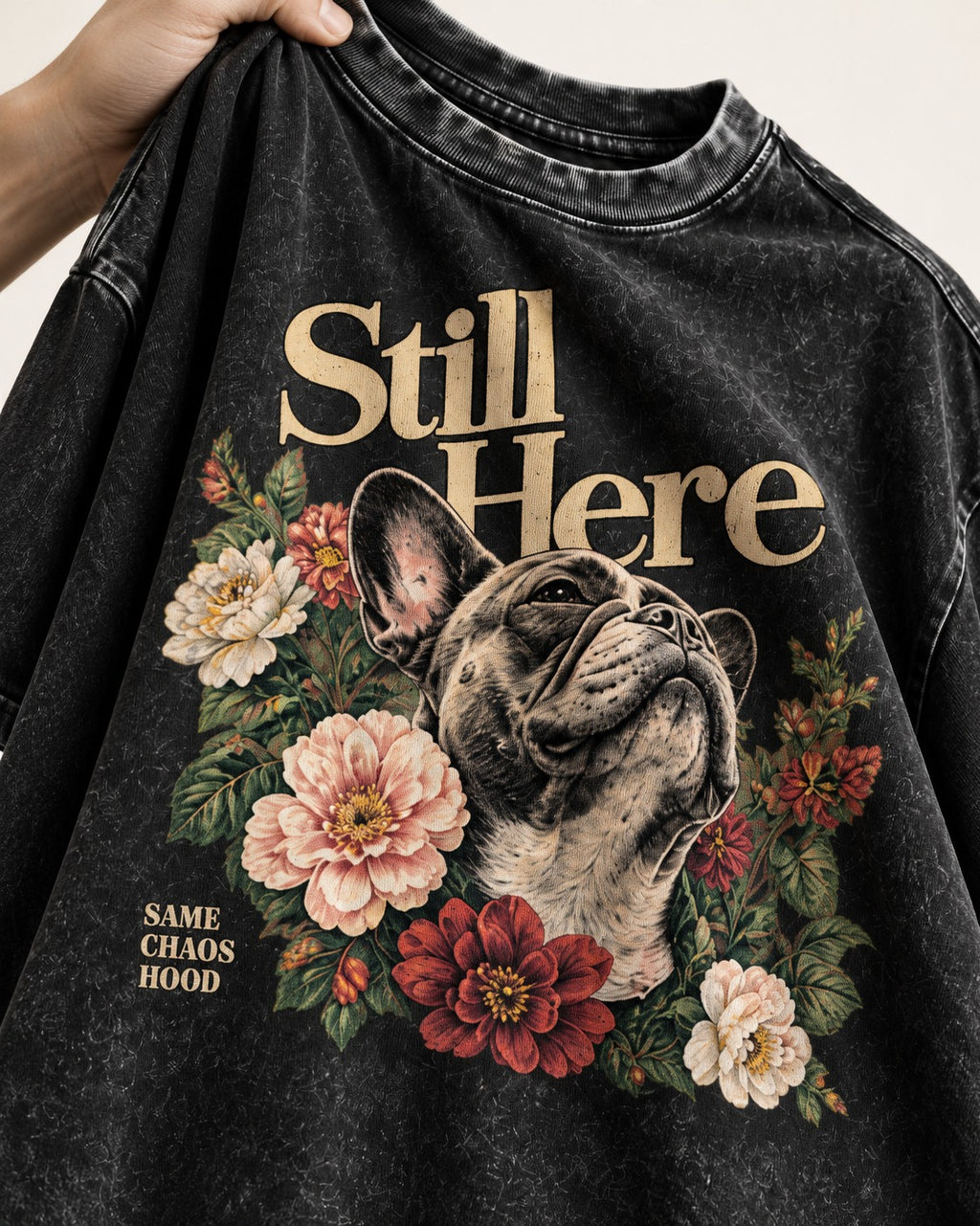 Frenchie Still Here Floral Portrait Graphic Washed Tee in Black, close-up of the graphic