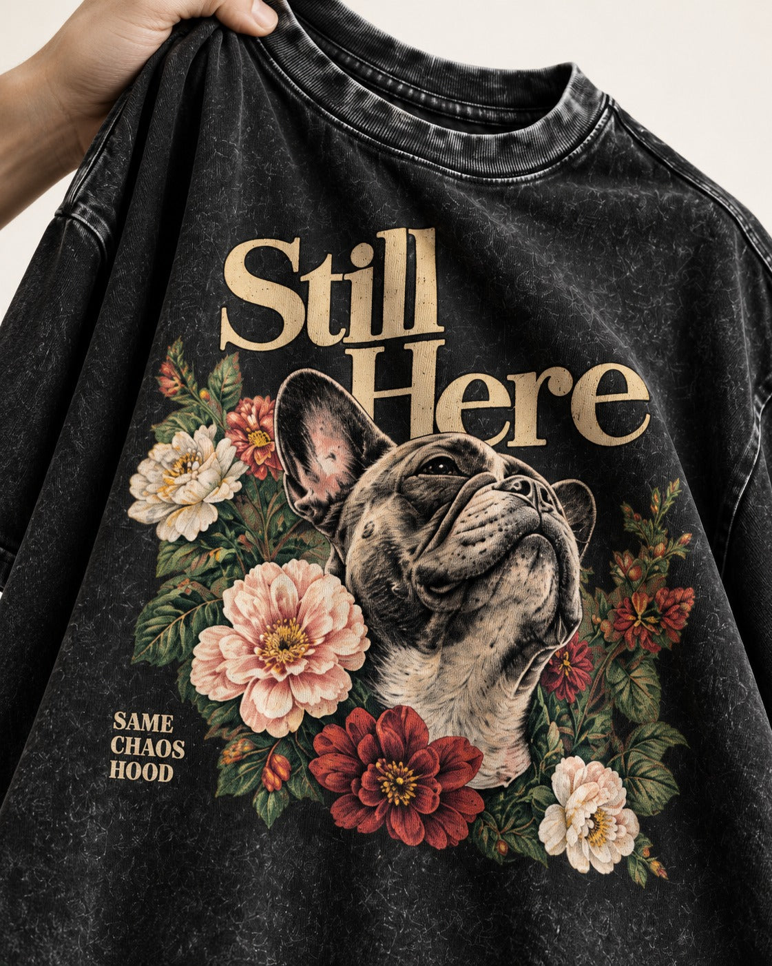 Frenchie Still Here Floral Portrait Graphic Washed Tee in Black, close-up of the graphic