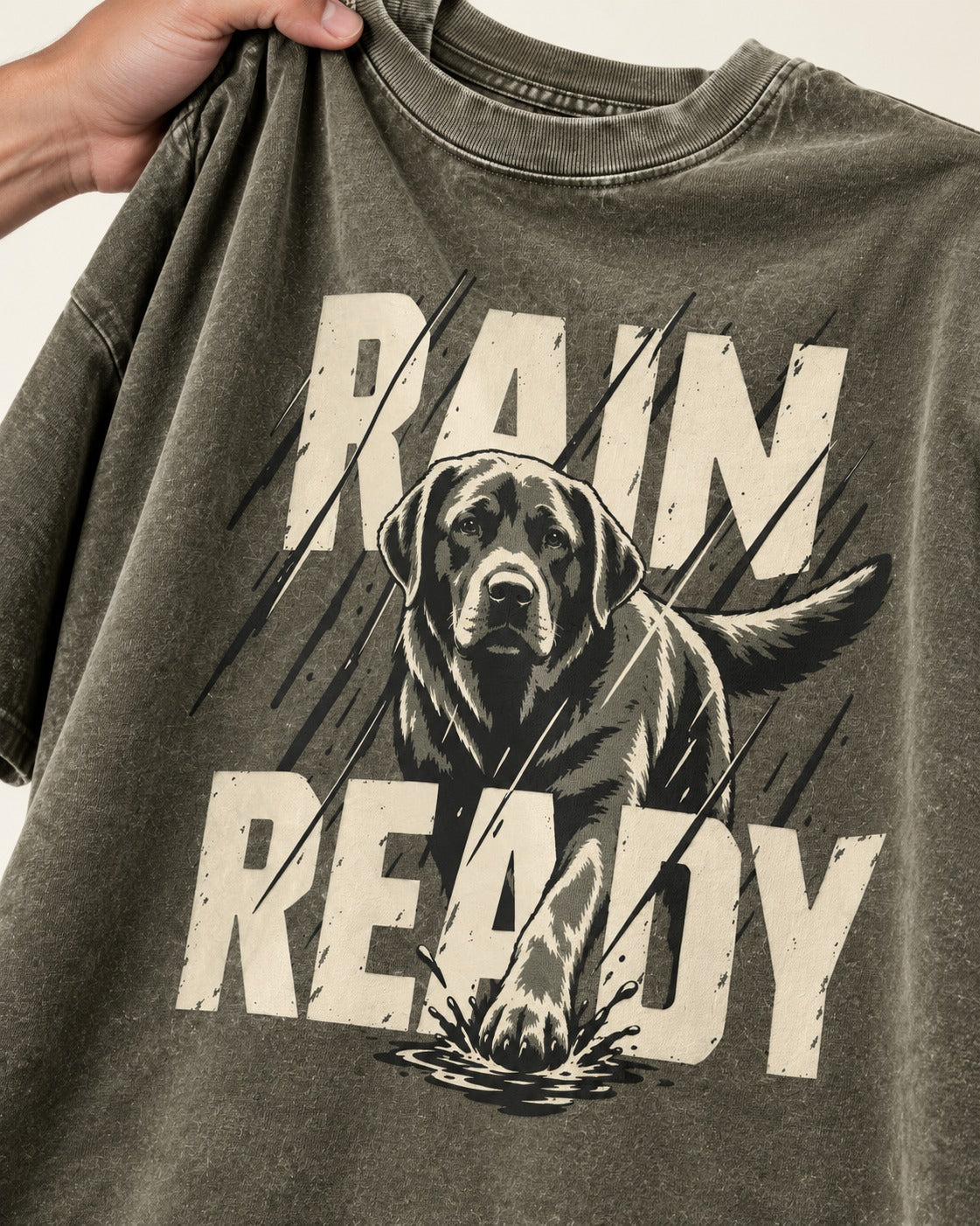 Labrador Retriever Rain Ready Charging Splash Graphic Washed Tee in Army Green, close-up of the graphic