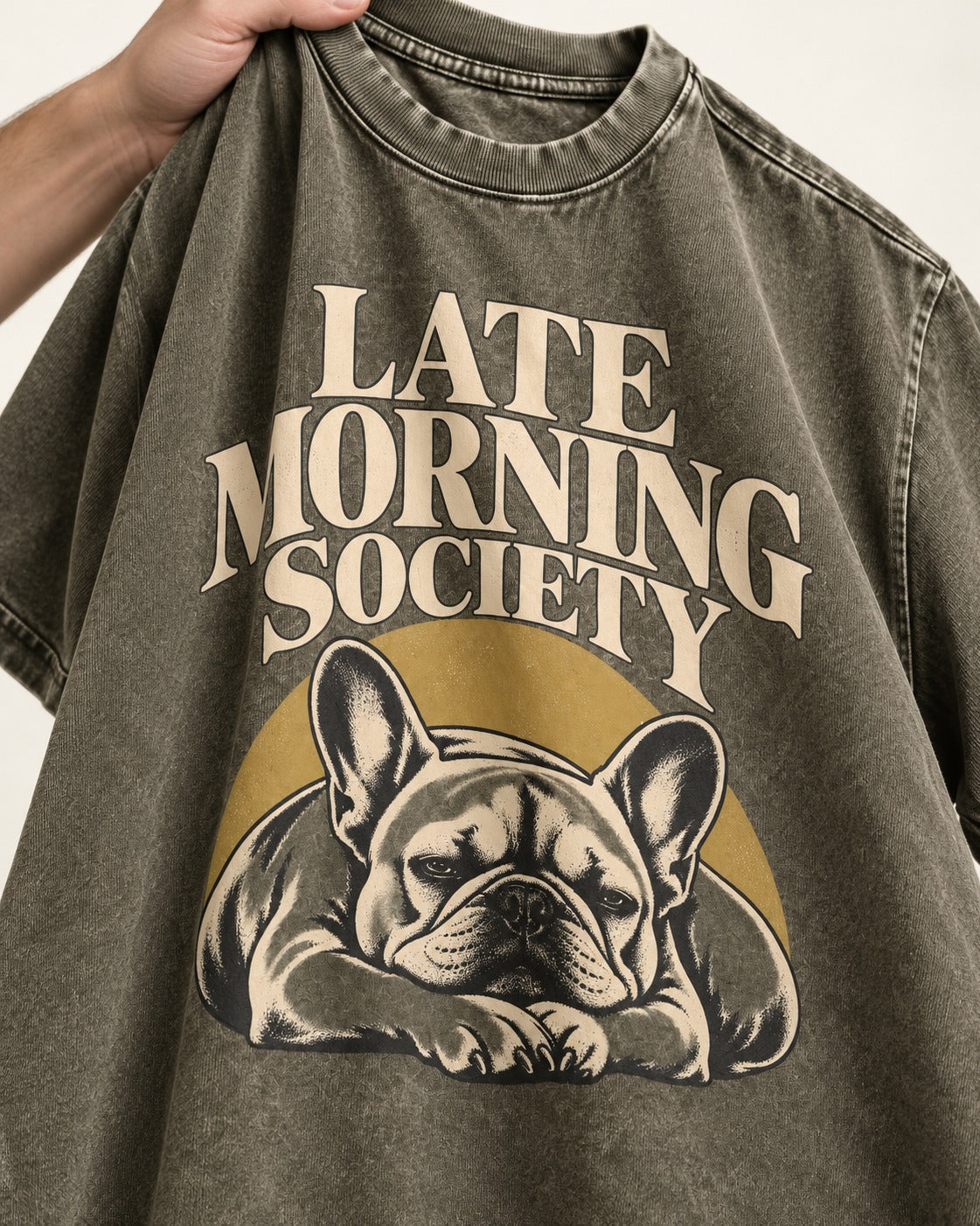 Frenchie Late Morning Society Graphic Washed Tee in Army Green, close-up of the graphic