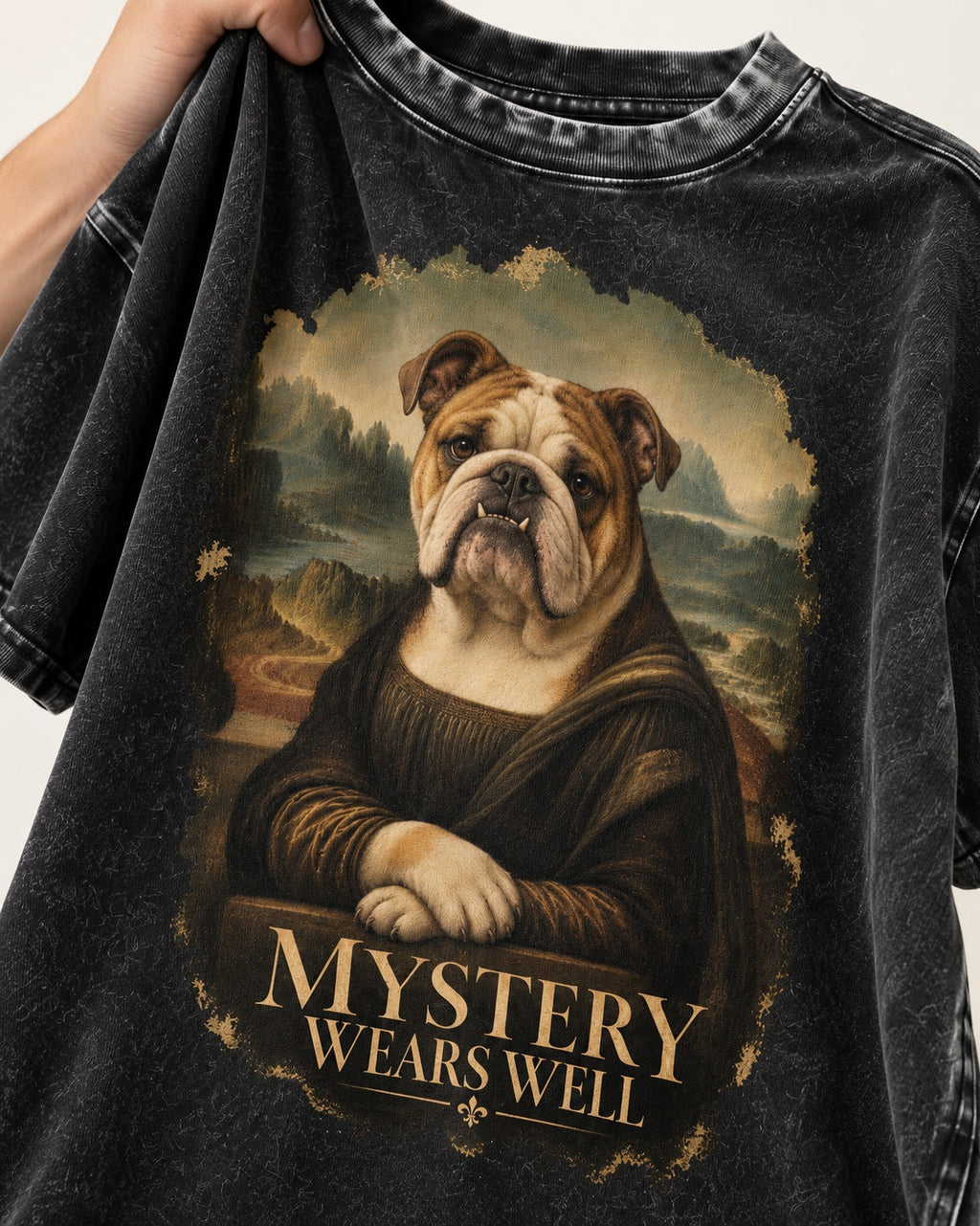 English Bulldog Mystery Wears Well Mona Lisa Portrait Washed Tee in Black, close-up of the graphic
