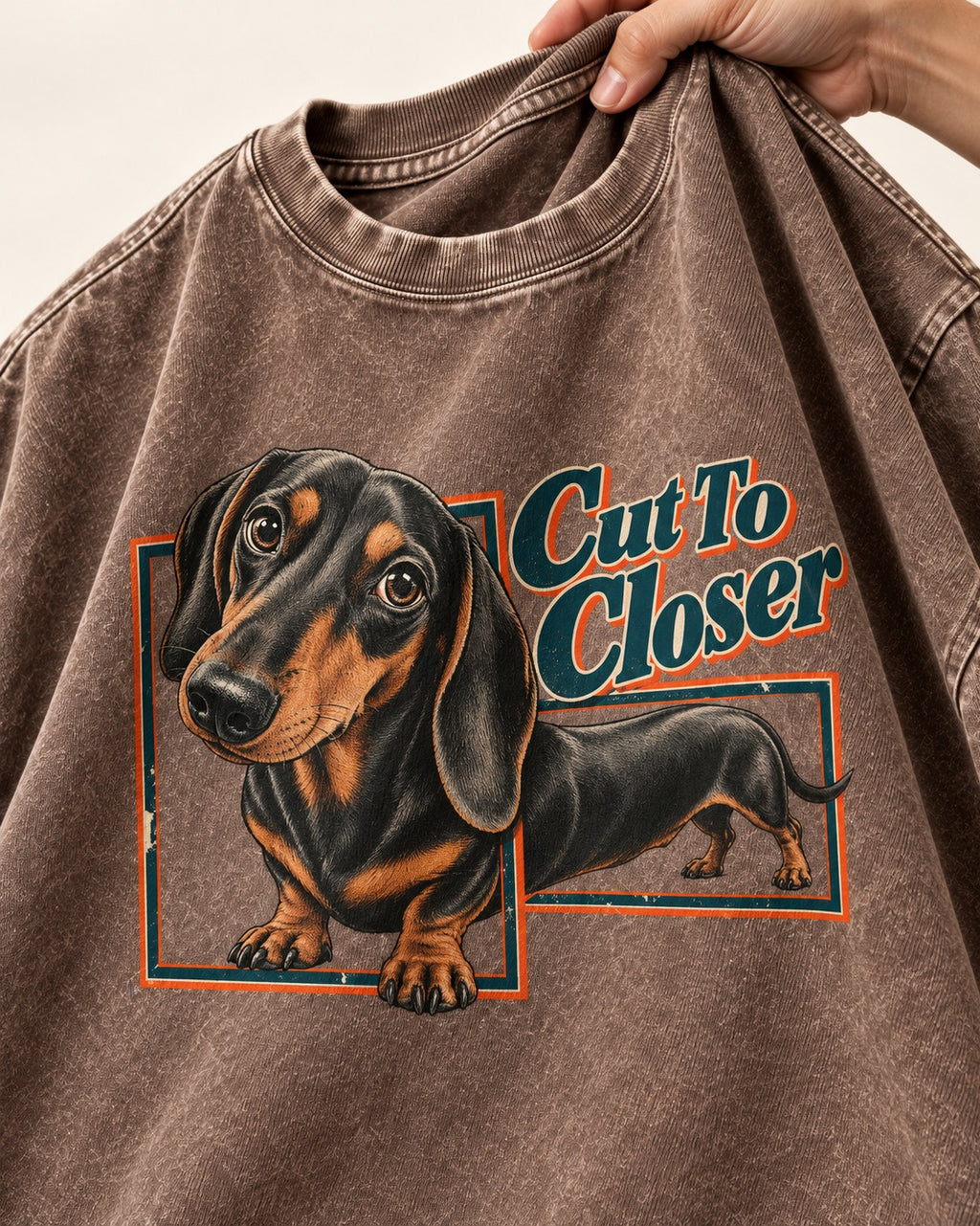 Dachshund Cut to Closer Washed Tee in Coffee, close-up of the graphic