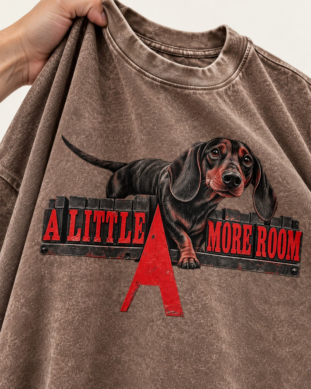 More Room for Dachshund Washed Tee in Coffee, close-up of the graphic