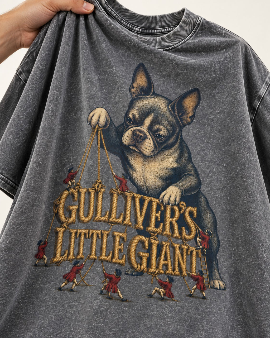 Boston Terrier Gulliver’s Little Giant Washed Tee in Gray, close-up of the graphic