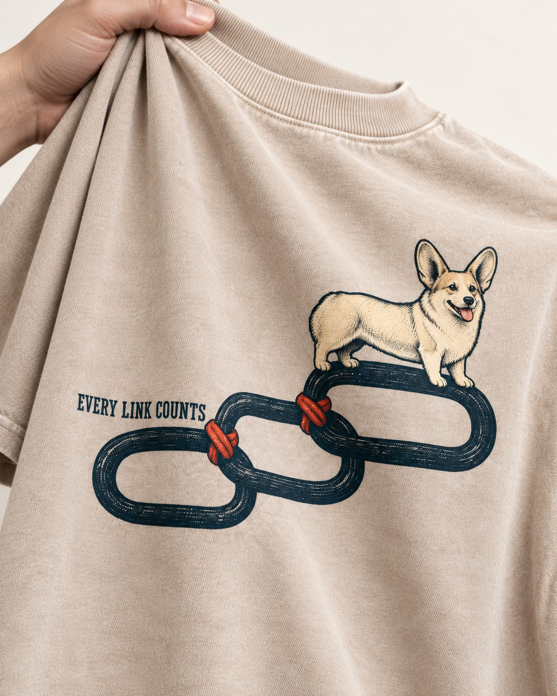 Every Corgi Link Counts Washed Tee in Apricot, close-up of the graphic