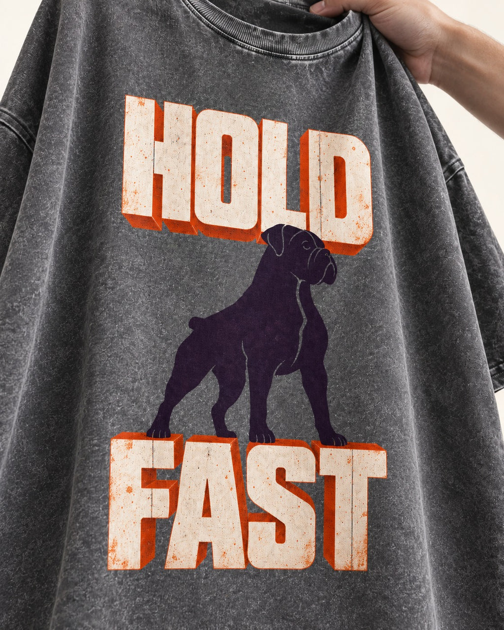 Hold Fast Boxer Typography Graphic Washed Tee in Gray, close-up of the graphic