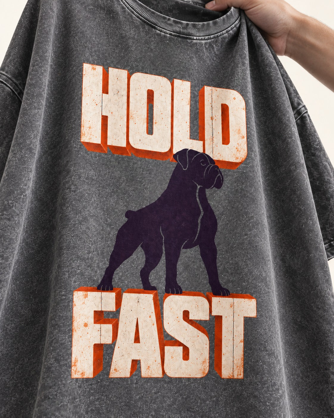 Hold Fast Boxer Typography Graphic Washed Tee in Gray, close-up of the graphic