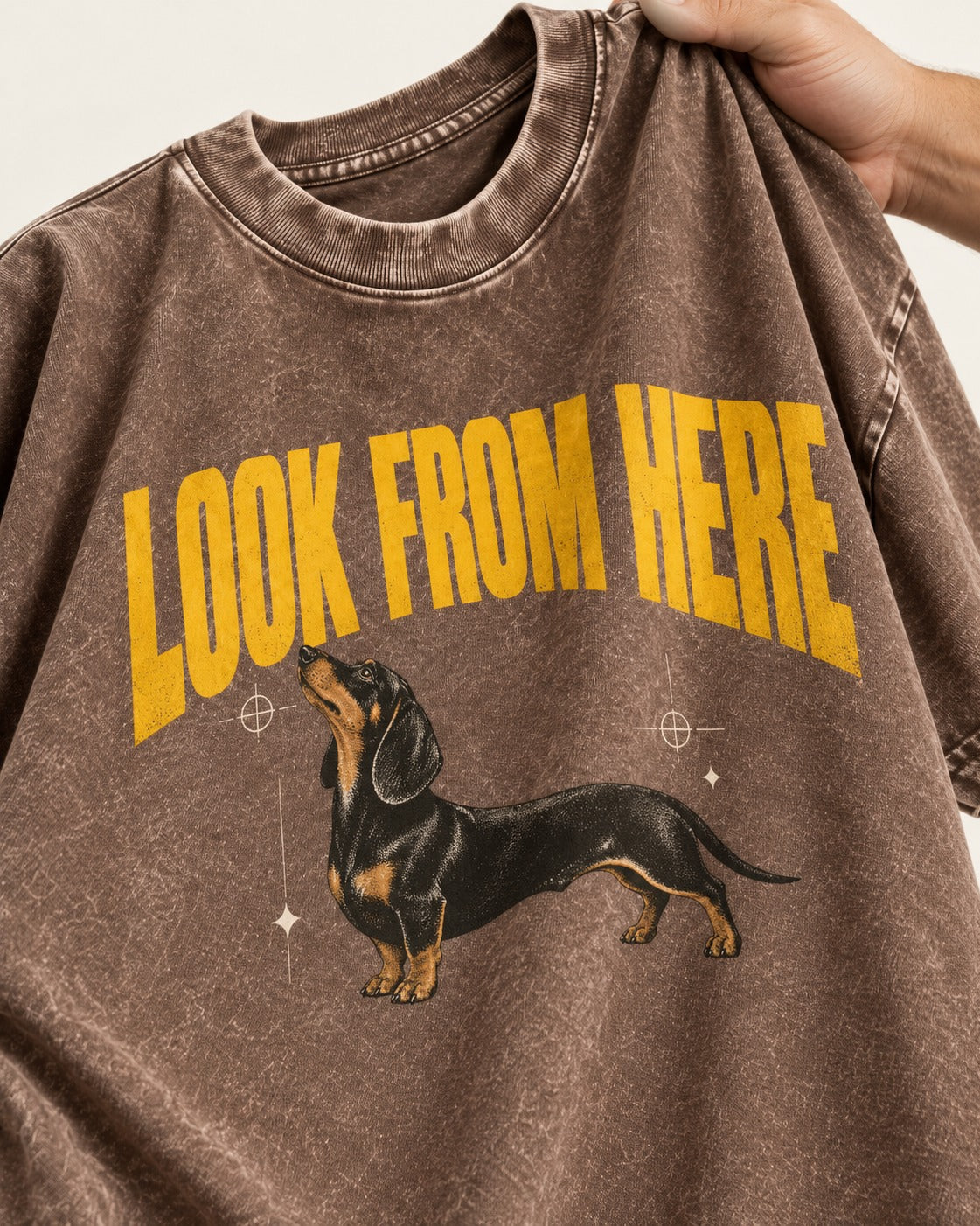 Dachshund Look From Here Washed Tee in Coffee, close-up of the graphic