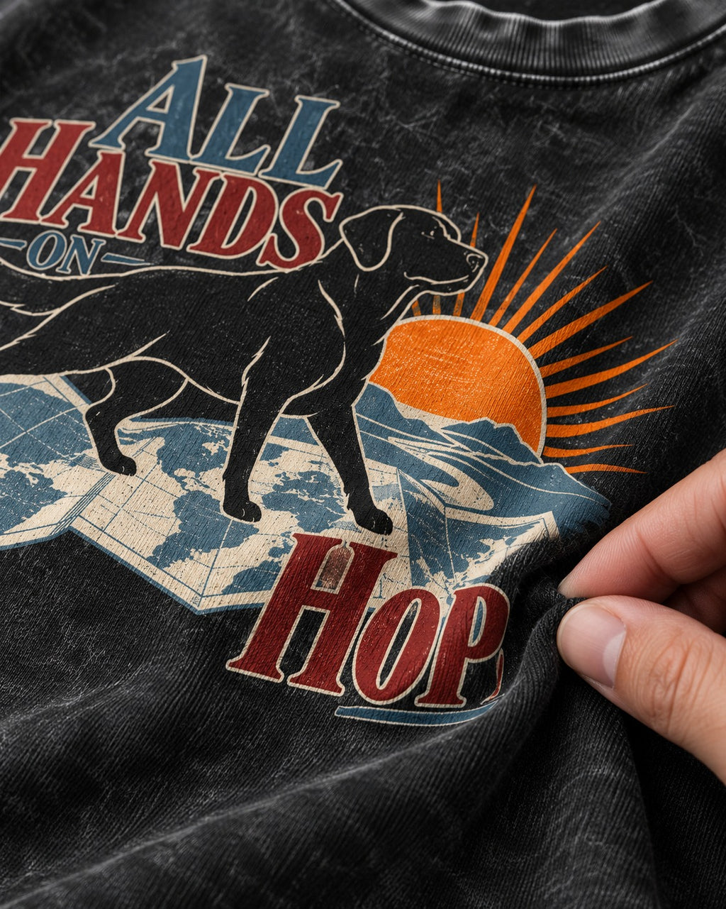 Labrador Retriever All Hands on Hope Map Sunrise Graphic Washed Tee in Black, close-up of the graphic